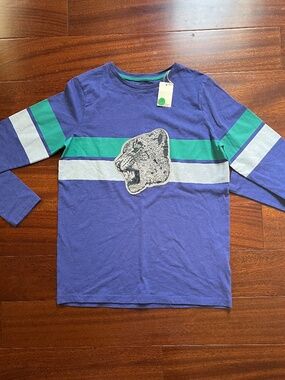 Mini Boden NWT Boys Size 15-16 Yrs Snow Leopard Applique Stripe Long Sleeve Tee